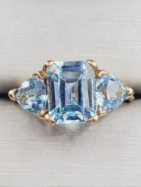 10k Solid Yellow Gold Blue Topaz Three Stone Ring - Blue Topaz Gemstone Ring